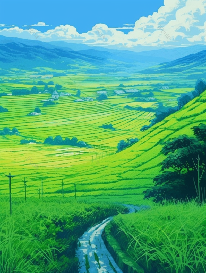 小清新绿色乡间小路手绘插画,插画/手绘图,插画/手绘图库,插画/手绘图下载,插画/手绘